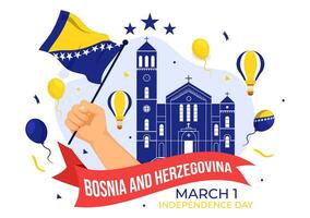 Bosnië en herzegovina onafhankelijkheid dag vector illustratie Aan 1e van maart met golvend vlag en mijlpaal gebouw in gedenkteken vakantie vlak achtergrond