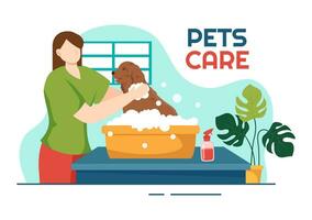 huisdieren zorg vector illustratie met dier onderdak of dierenarts kliniek voor nemen zorg van hond of kat in gezondheidszorg vlak tekenfilm achtergrond ontwerp