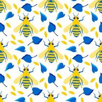 honing bijen. naadloos patroon met schattig insecten en blauw bladeren, geel bloemblaadjes voor modern textiel, decoratief stoffen. vector. vector