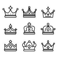 reeks van kroon pictogrammen in modern dun lijn stijl. verzameling jas van armen en Koninklijk symbolen. vector illustratie