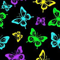 vlinder silhouet naadloos patroon magie zwart achtergrond ontwerp sjabloon. kleurrijk neon vlinder. vector illustratie