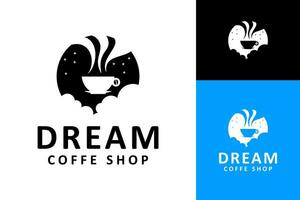 heet koffie kop in droom lucht met sterren en wolken vector logo ontwerp