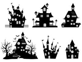 reeks van achtervolgd huizen voor halloween. verzameling van kastelen met monsters. silhouet een eng huis vector