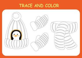 spoor en kleur de kleren, hoed, sjaal en wanten. kleur boek voor peuter- kinderen. handschrift oefening. vector