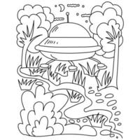 ufo fantasie kleurplaat, ruimteschip in het bos en de nachtelijke hemel, vector