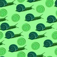 naadloos patroon met groen druif slakken in een schelp Aan een groen achtergrond vector