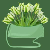 boeket van bloeiend wit-groen tulpen in een groen zak Aan een groen achtergrond vector