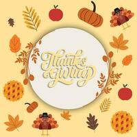 gelukkig dankzegging dag sticker met seizoensgebonden voorwerpen vector illustratie