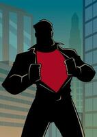 superheld onder Hoes gewoontjes in stad silhouet vector