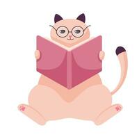 schattig kat in bril lezing boek vlak vector icoon illustratie. kat studie geïsoleerd Aan wit achtergrond. vlak tekenfilm stijl