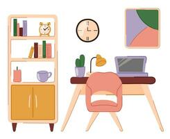 huis kantoor vlak ontwerp vector illustratie. tekening illustratie van modern interieur met laptop. interieur met bureau, plant, boeken, stoel. huis kantoor en werken van huis concept.