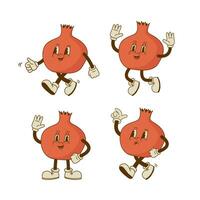 reeks van grappig retro tekenfilm granaat tekens in groovy stijl. glimlachen granaatappel fruit mascotte in verschillend poses en emotie. vector illustratie.