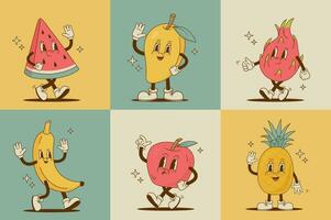 reeks van retro tekenfilm fruit karakters. grappig watermeloen, ananas, appel, mango, banaan, pitaya mascotte. wijnoogst vector illustratie. nostalgie jaren 70, 80s