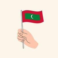 tekenfilm hand- Holding Maldivisch vlag, geïsoleerd vector ontwerp.