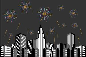vector illustratie van een feestelijk vuurwerk Scherm over- de stad Bij nacht tafereel voor vakantie en viering achtergrond ontwerp.
