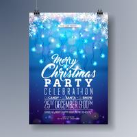 Vector Merry Christmas Party Flyer Design met vakantie typografie elementen, sneeuwvlok en lichte Garland op glanzende blauwe achtergrond. Viering Poster Uitnodiging Illustratie.