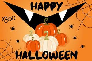 vectorillustratie met banner voor halloween of uitnodiging om te feesten met spinnenwebben, pompoenen en een sinistere mond op een oranje achtergrond. happy halloween-test, een traditionele herfstvakantie. vector