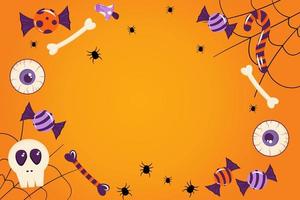 banner voor halloween oranje achtergrond met plaats voor tekst. spinnenweb, snoep, botten, ogen, leuke ansichtkaart voor vakantiesjabloon, uitnodiging voor de halloween-vakantie. vectorillustratie in cartoon-stijl vector