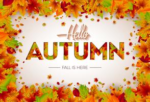 Herfst illustratie met vallende bladeren en belettering op witte achtergrond. Herfst Vectorontwerp voor wenskaart, Banner, Flyer, uitnodiging, brochure of promotie-poster. vector