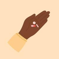 Afrikaanse Amerikaans zwart vrouw hand- Holding pillen. drugs, vitamines in hand. geduldig nemen geneesmiddelen. vector