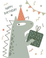 baby's verjaardag kaart. vector illustratie. groen schattig draak met geschenk doos, feestelijk vlaggen en confetti