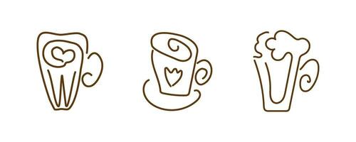 reeks van koffie cups met latte, espresso, cappuccino, contour bruin lineair silhouetten. vector lineair pictogrammen voor menu, website, cafe ontwerp