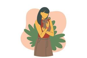 vector illustratie van een vrouw Holding een geit in haar handen. vlak stijl ontwerp voor dieren koesteren en adoptie concept