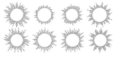 zonnestraal straal wijnoogst kader element set. ster barsten straal hand- getrokken schijnen, hipster insigne, logotype cirkel decoratie kader vector