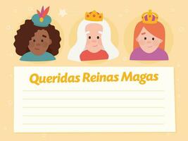 grappig gevectoriseerd brief. Lieve wijs Dames, geschreven in Spaans. koninginnen van oriënteren vectoren Aan geel achtergrond