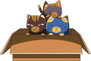 drie kittens geadopteerd in een doos vector tekening illustratie