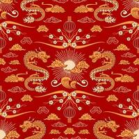 naadloos patroon Chinese nieuw jaar van de houten draak. zon en wolken. helder vector wijnoogst illustratie, Aziatisch stijl. papier lantaarns, skaura bloemen. voor behang, kleding stof, inpakken, achtergrond.