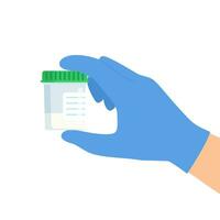 dokter hand- Holding test sperma in plastic potten. medisch achtergrond, reclame websites. laboratorium Onderzoek. uitrusting voor analyse. vector illustratie in vlak stijl