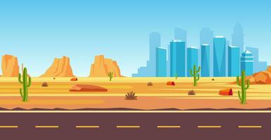 woestijn landschap. cactus planten, weg, stad en rotsen Aan de zand. natuurlijk achtergrond. landschap Arizona of Mexico heet zand. tekenfilm wild west Texas. vector illustratie in vlak stijl