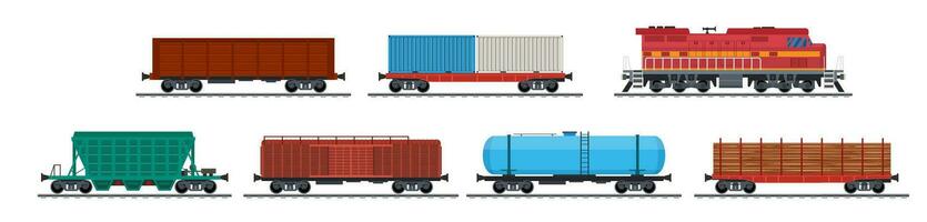 trein vracht wagens, het spoor lading en spoorweg containers. vracht trein met wagens, tanks, vracht, stortbakken. industrieel rijtuigen, kant visie. vector illustratie in vlak stijl