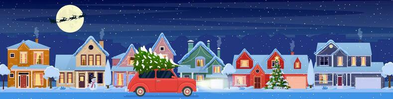 woon- huizen met Kerstmis decoratie Bij nacht. Kerstmis landschap kaart ontwerp van retro auto met giftbox Aan de top. achtergrond met maan en de de kerstman claus. vector illustratie