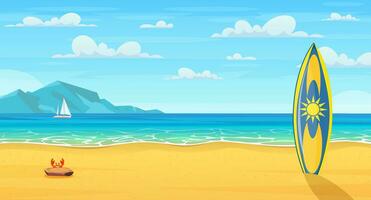 surfen bord Aan een zanderig strand. tekenfilm zomer strand. paradijs natuur vakantie, oceaan of zee kust. zee strand landschap. panorama. vector illustratie in vlak stijl