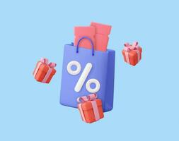 3d boodschappen doen tas, handtas met korting en geschenk doos. uitverkoop, korting, online boodschappen doen concept. voor Promotie, afzet en reclame in sociaal netwerken. 3d weergave. vector illustratie