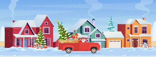 woon- huizen met Kerstmis decoratie Bij dag. Kerstmis landschap kaart ontwerp van retro auto met giftbox en Kerstmis boom Aan de top. vector illustratie