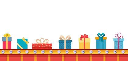Kerstmis fabriek pakketten cadeaus dozen. feestelijk presenteert transportband. presenteert levering en Verzenden. gelukkig nieuw jaar decoratie. vrolijk Kerstmis vakantie. vector illustratie in vlak stijl