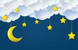 3d Ramadan kareem horizontaal uitverkoop hoofd of tegoedbon sjabloon met goud maan, wolken en sterren Aan nacht lucht blauw achtergrond.plaats voor tekst. 3d weergave. vector illustratie