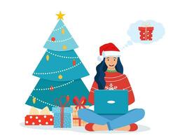 vrouw vervelend de kerstman claus hoed zittend Aan de verdieping kiezen Kerstmis cadeaus met laptop. online uitverkoop. voorbereidingen treffen naar Kerstmis vakantie. vector illustratie in vlak stijl