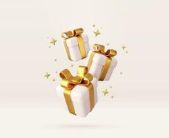 3d wit geschenk dozen met gouden lint en boog. verjaardag viering concept. vrolijk nieuw jaar en vrolijk Kerstmis wit geschenk dozen met gouden bogen. 3d weergave. vector illustratie