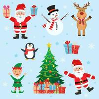 tekenfilm Kerstmis karakters. grappig de kerstman claus. rendier, sneeuwman, pinguïn, vakantie boom, elf. vector illustratie in vlak stijl