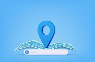 3d geven pin wijzer en kaart plaats zoeken GPS, reizen navigatie concept en of internet zoeken bar technologie. papier kaart, banier, website. vector illustratie