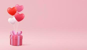 Valentijn s dag concept. 3d hart heet lucht vliegend met geschenk doos Aan roze achtergrond. liefde concept voor gelukkig moeder s dag, Valentijn s dag, verjaardag dag. vector illustratie