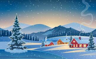 een huis in een besneeuwd Kerstmis landschap Bij nacht. Kerstmis boom. concept voor groet of post- kaart vector