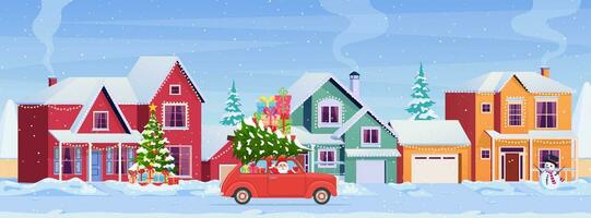 woon- huizen met Kerstmis decoratie Bij dag. Kerstmis landschap kaart ontwerp van retro auto met giftbox en Kerstmis boom Aan de top. vector illustratie