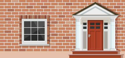 houten deur en venster Aan steen huis voorkant visie, architectuur achtergrond, gebouw huis echt landgoed achtergrond. vector illustratie in vlak stijl