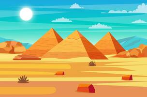 Egyptische woestijn met piramides. Gizeh plateau landschap met Egyptische farao's piramides. oude historisch, beroemd toeristisch attracties in Afrikaanse woestijn. vector illustratie in vlak stijl