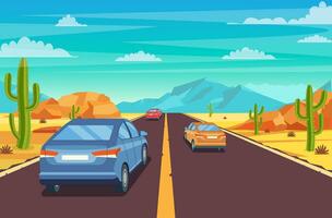 snelweg weg in woestijn. zanderig woestijn landschap met weg, rotsen, auto en cactussen. zomer western Amerikaans landschap. snelweg in Arizona of Mexico heet zand. vector illustratie in vlak stijl